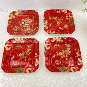 222 Fifth Gabrielle Fleur Rouge 4 Square Appetizer Dessert Plates 6.25"